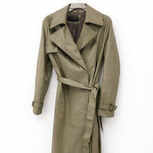 NWT Tahari Sage Green Vegan Leather Trench Coat XL Belted Faux Leather Trench